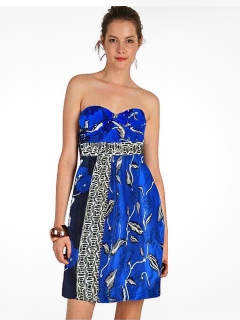 Tibi New York Shanghai Toile Blue Floral Silk Chiffon Strapless Dress. XS